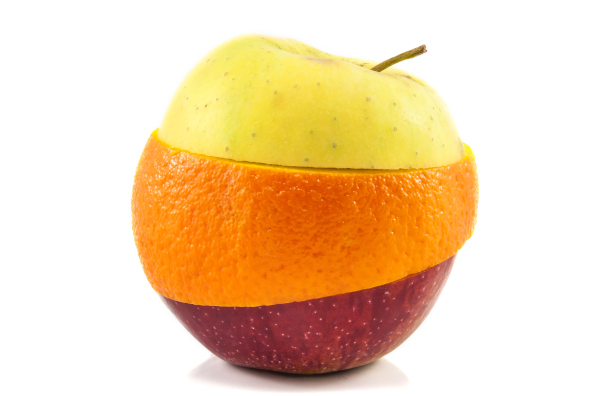 An apple and an orange slided and stacked together to look like one fruit
